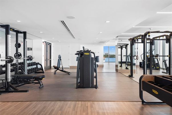 Fitness Equipment, Gym, Interior, Recessed Lighting, Wood Texture Flooring