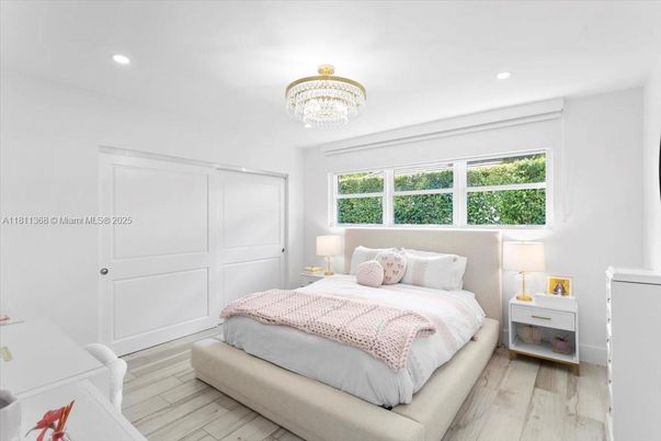 Bedroom, Chandelier, Interior, Recessed Lighting, Wood Texture Flooring