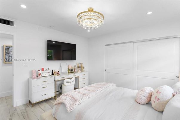 Bedroom, Chandelier, Interior, Recessed Lighting, Wood Texture Flooring