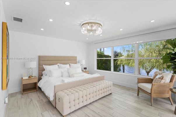 Bedroom, Chandelier, Interior, Recessed Lighting, Wood Texture Flooring
