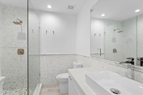 Bathroom, Glass Shower, Interior, Recessed Lighting, Wood Texture Flooring