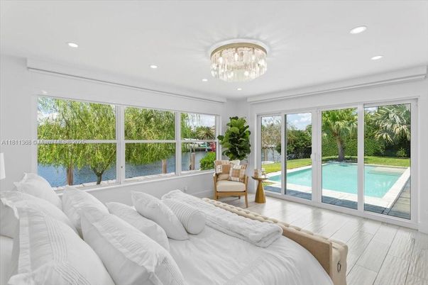 Bedroom, Chandelier, Interior, Recessed Lighting, Water, Wood Texture Flooring