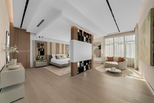 Bedroom, Fireplace, Interior, Recessed Lighting, Wood Texture Flooring