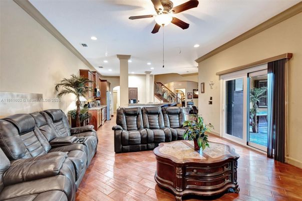 Home Theatre Room, Interior, Kitchen, Living room, Recessed Lighting, Wood Texture Flooring