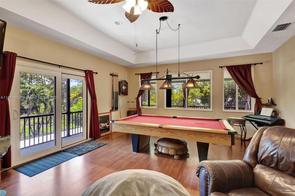 Billiard Table, Game Room, Interior, Pendant Lights, Wood Texture Flooring