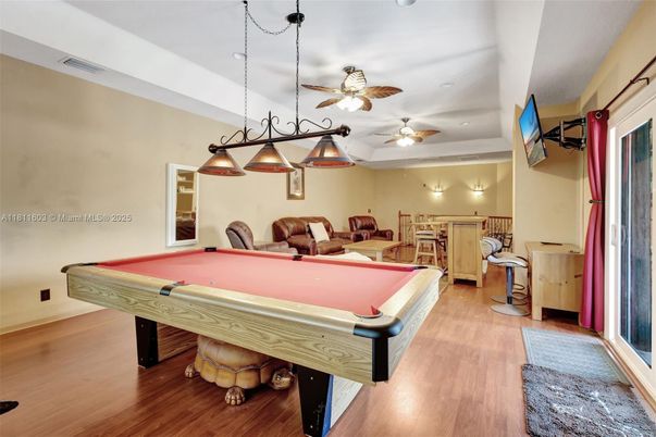 Billiard Table, Game Room, Interior, Recessed Lighting, Wood Texture Flooring