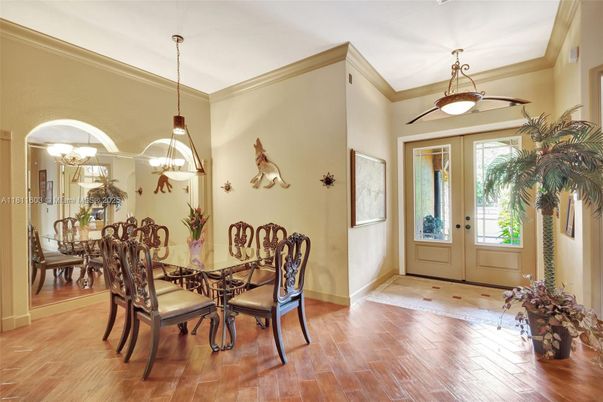 Dining room, Interior, Pendant Lights, Wood Texture Flooring