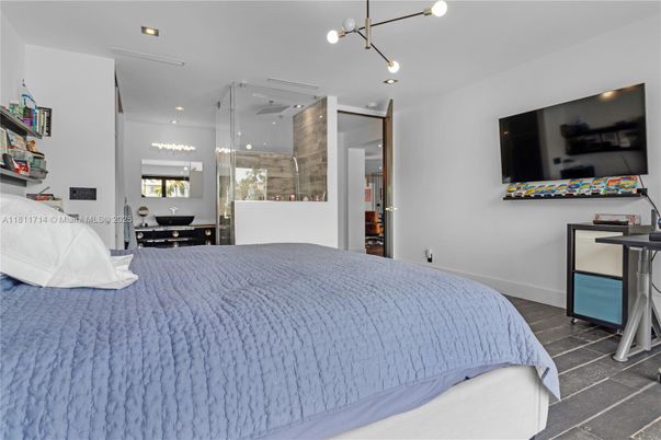Bedroom, Interior, Pendant Lights, Recessed Lighting, Wood Texture Flooring