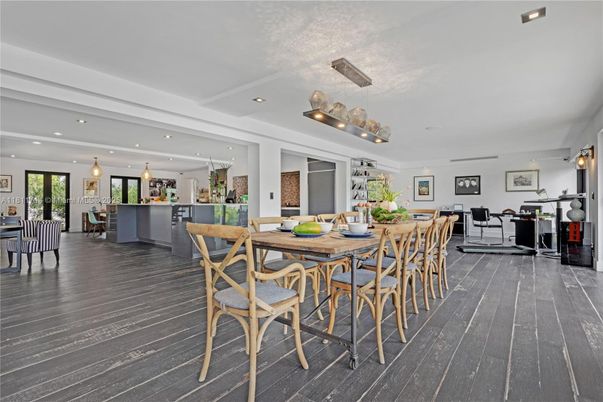 Dining room, Fitness Equipment, Interior, Pendant Lights, Recessed Lighting, Wood Texture Flooring