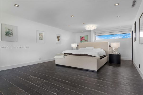 Bedroom, Chandelier, Interior, Recessed Lighting, Wood Texture Flooring