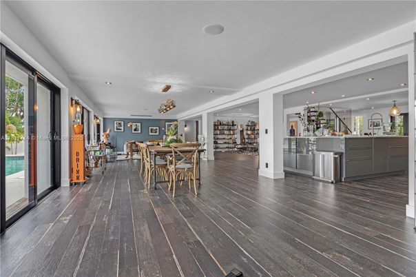Dining room, Interior, Kitchen, Pendant Lights, Recessed Lighting, Wood Texture Flooring