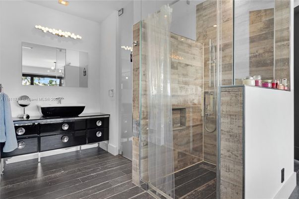 Bathroom, Glass Shower, Interior, Recessed Lighting, Wood Texture Flooring