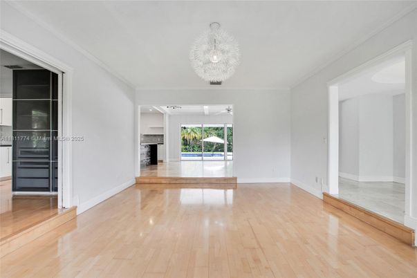 Chandelier, Empty room, Interior, Recessed Lighting, Wood Texture Flooring