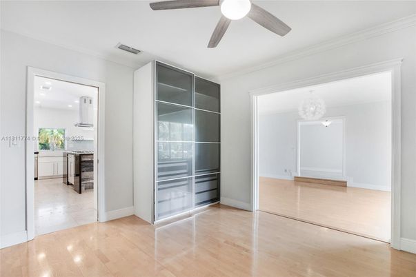Chandelier, Empty room, Interior, Kitchen, Recessed Lighting, Wood Texture Flooring