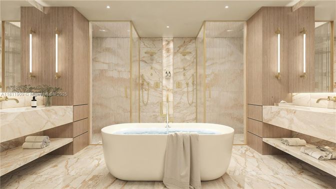 Bathroom, Free Standing Baths, Interior, Marble, Recessed Lighting, Wooden Walls