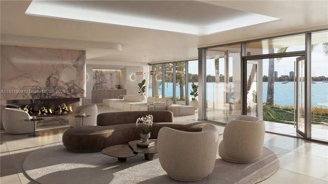 Fireplace, Interior, Living room, Pendant Lights, Water