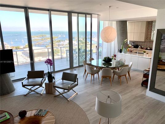 Dining room, Interior, Pendant Lights, Water, Wood Texture Flooring