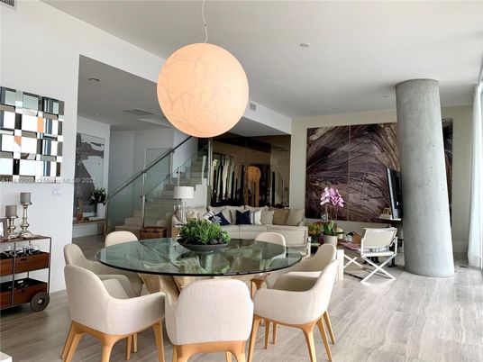 Dining room, Interior, Living room, Pendant Lights, Recessed Lighting, Wood Texture Flooring