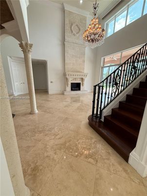 Chandelier, Fireplace, Interior