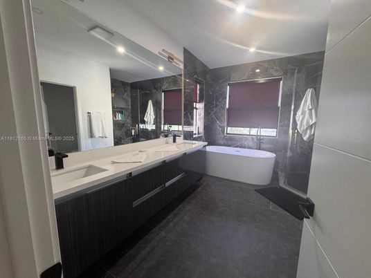 Bathroom, Dual Sink Vanities, Free Standing Baths, Interior, Marble Walls, Recessed Lighting