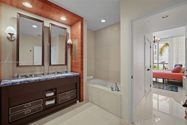 Bathroom, Chandelier, Dual Sink Vanities, Interior, Recessed Lighting