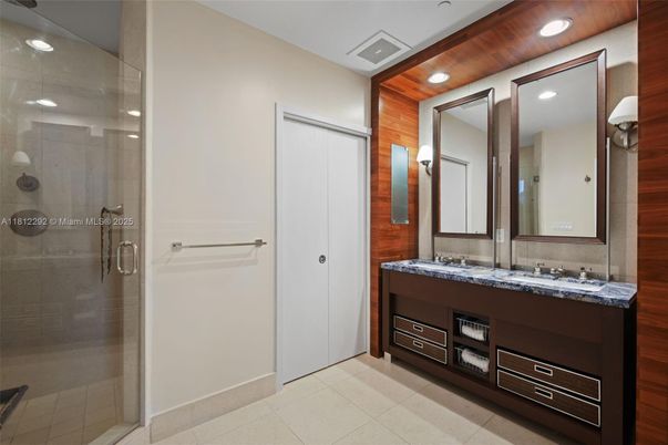 Bathroom, Dual Sink Vanities, Glass Shower, Interior, Recessed Lighting, Wooden Walls