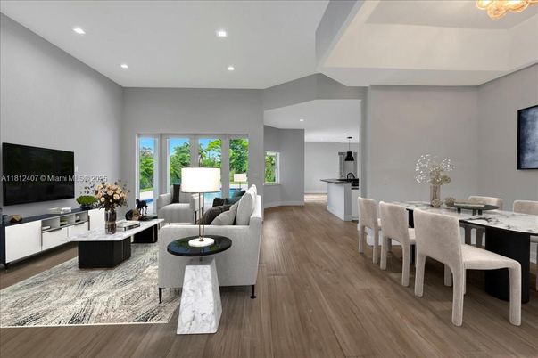 Dining room, Interior, Living room, Recessed Lighting, Wood Texture Flooring