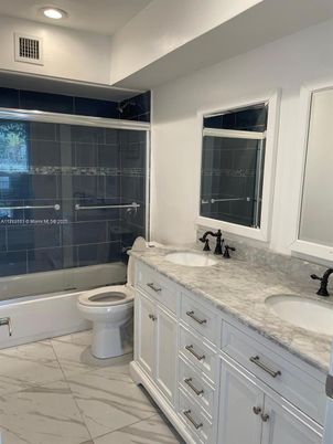 Bathroom, Dual Sink Vanities, Glass Shower, Interior, Marble, Recessed Lighting