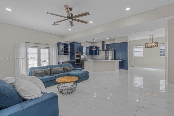 Interior, Kitchen, Living room, Marble, Pendant Lights, Recessed Lighting, Stainless Steel Appliances