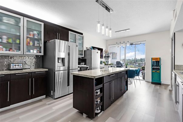 Interior, Kitchen, Pendant Lights, Stainless Steel Appliances, Wood Texture Flooring