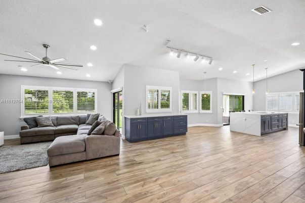 Interior, Kitchen, Living room, Pendant Lights, Recessed Lighting, Wood Texture Flooring