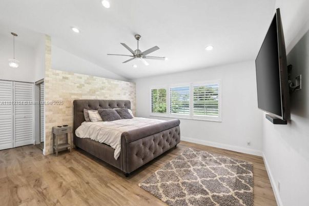 Bedroom, Interior, Pendant Lights, Recessed Lighting, Wood Texture Flooring