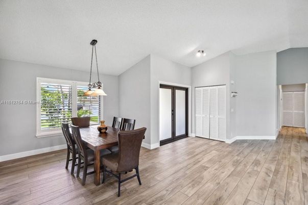 Dining room, Interior, Pendant Lights, Wood Texture Flooring