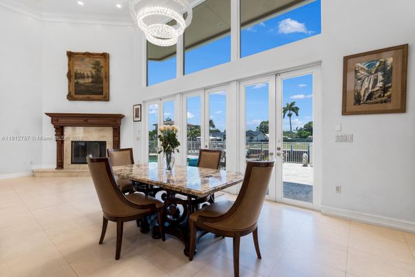 Chandelier, Dining room, Fireplace, Interior, Recessed Lighting
