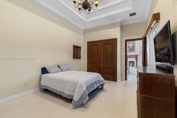 Bedroom, Chandelier, Fireplace, Interior