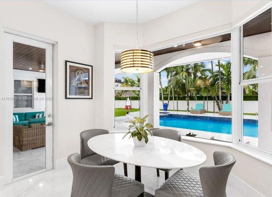 Dining room, Interior, Marble, Pendant Lights, Pool, Water