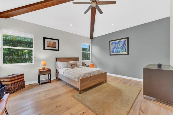 Bedroom, Interior, Recessed Lighting, Wooden Beams, Wood Texture Flooring