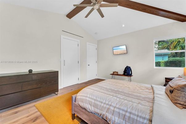 Bedroom, Interior, Recessed Lighting, Wooden Beams, Wood Texture Flooring