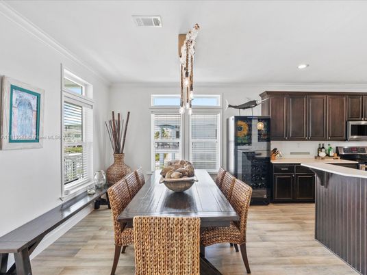 Dining room, Fireplace, Interior, Kitchen, Pendant Lights, Recessed Lighting, Wood Texture Flooring