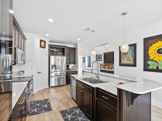 Interior, Kitchen, Pendant Lights, Recessed Lighting, Stainless Steel Appliances, Wood Texture Flooring