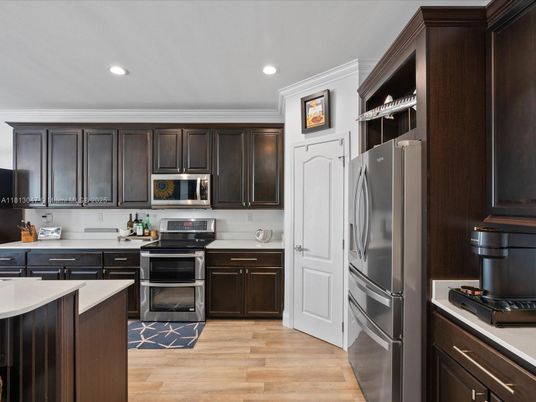 Interior, Kitchen, Recessed Lighting, Stainless Steel Appliances, Wood Texture Flooring