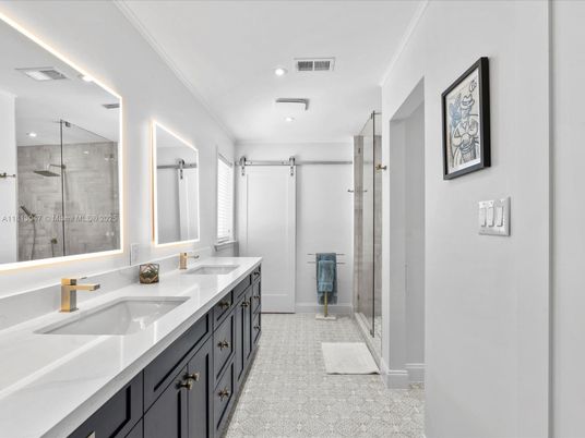 Bathroom, Dual Sink Vanities, Glass Shower, Interior, Recessed Lighting