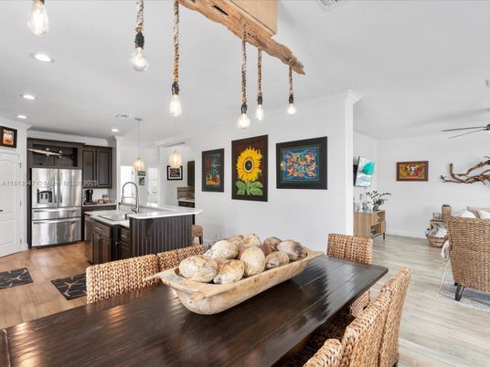 Dining room, Interior, Kitchen, Pendant Lights, Recessed Lighting, Stainless Steel Appliances, Wood Texture Flooring
