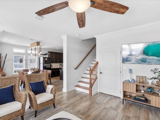 Dining room, Interior, Kitchen, Pendant Lights, Recessed Lighting, Stainless Steel Appliances, Wood Texture Flooring