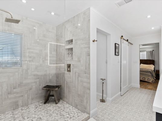 Bathroom, Bedroom, Glass Shower, Interior, Recessed Lighting, Wood Texture Flooring
