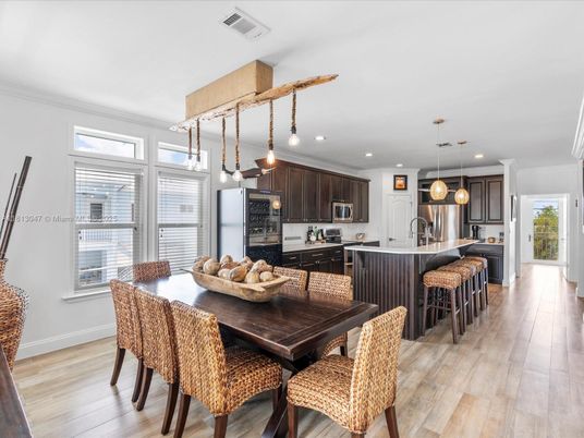 Dining room, Interior, Kitchen, Pendant Lights, Recessed Lighting, Stainless Steel Appliances, Wood Texture Flooring