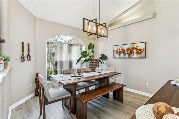 Dining room, Interior, Pendant Lights, Wood Texture Flooring