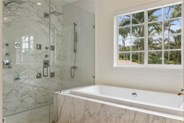 Bathroom, Glass Shower, Interior, Marble Walls, Recessed Lighting