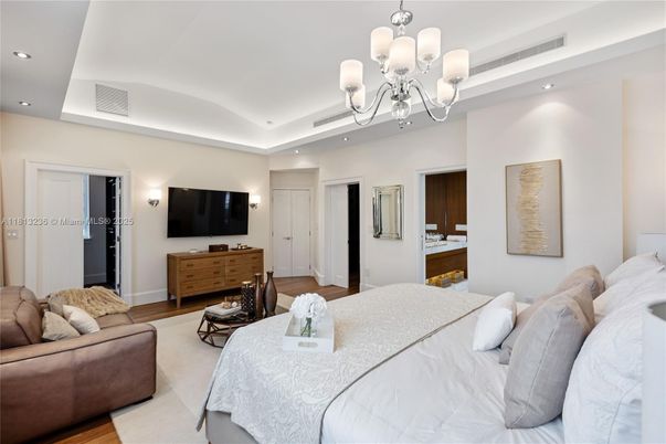 Bedroom, Chandelier, Interior, Recessed Lighting, Wood Texture Flooring