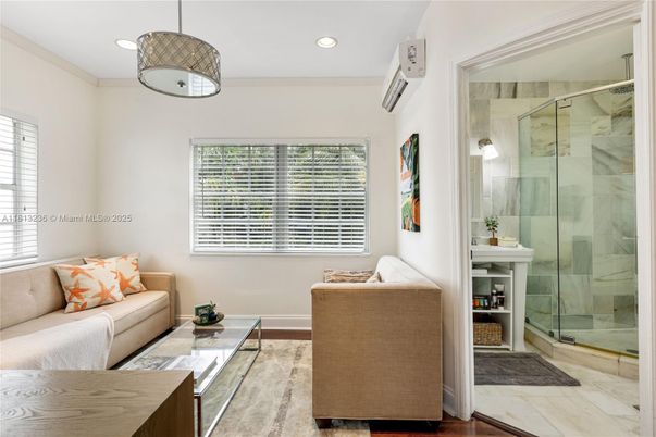 Bathroom, Glass Shower, Interior, Living room, Pendant Lights, Recessed Lighting, Wood Texture Flooring